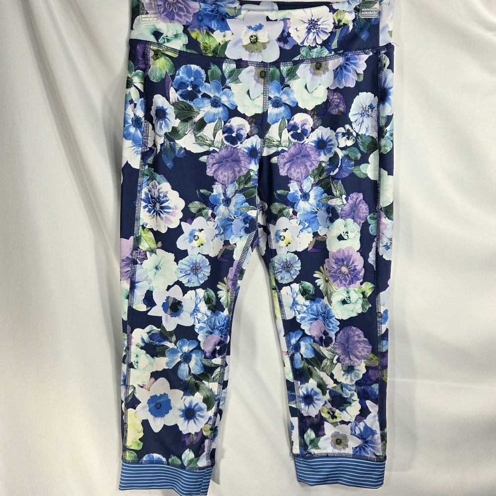 Old Navy Active GO-DRY Blue Floral Print Cropped Leggings Size XL (14)